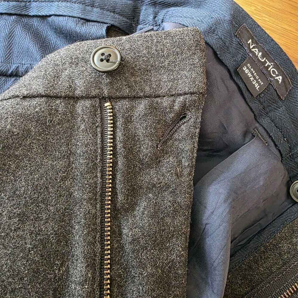 Vtg Nautica 36x34 Charcoal Wool Flannel Pleated Cuffed Baggy High Waist Pants - Picture 16 of 16